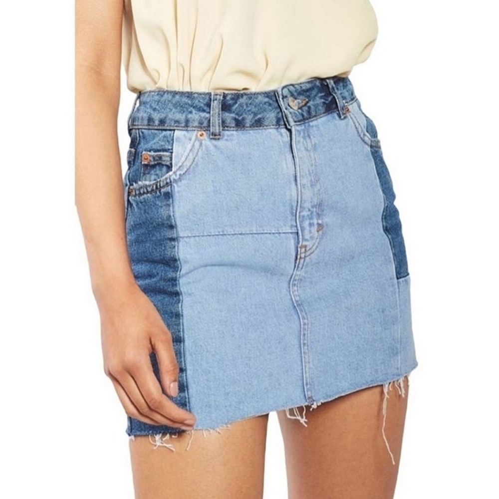 Topshop MOTO Two Tone Denim Colorblock Mini Skirt Raw Hem